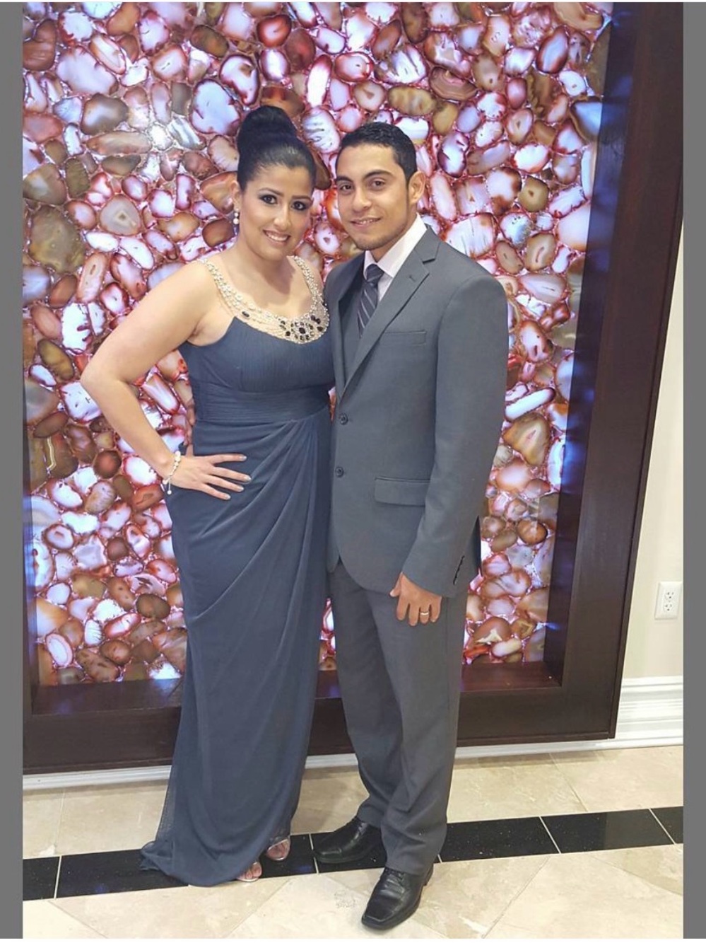 Adrianna Papell  Slate Blue One-Shoulder Gown with Embellished Neckline